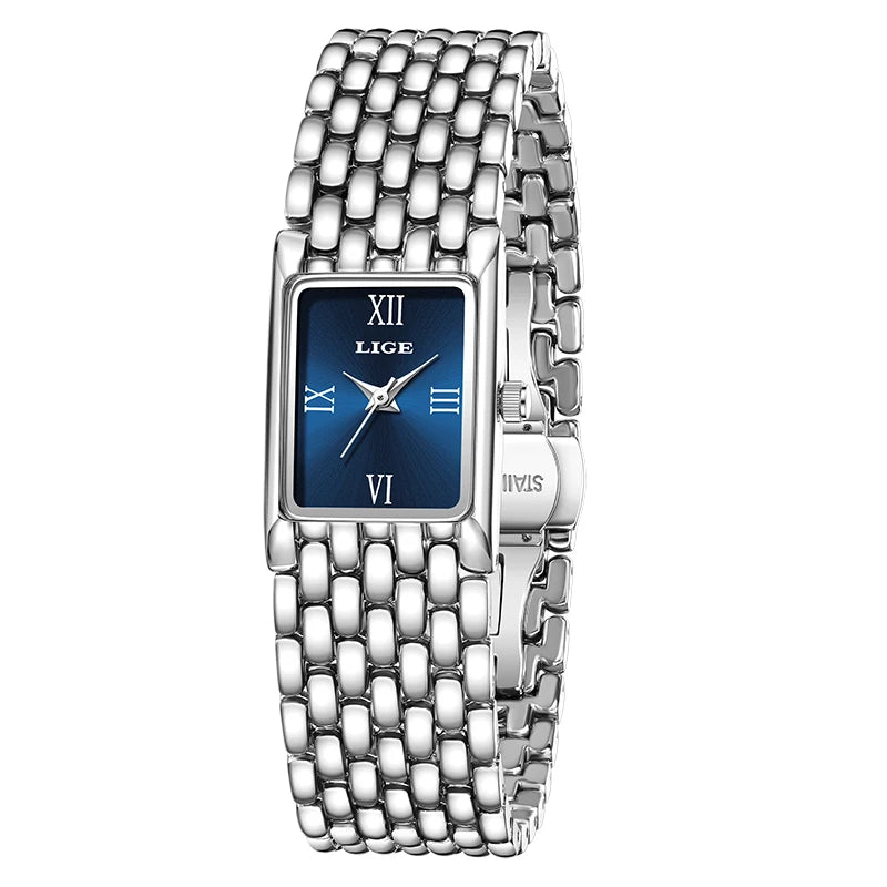 Women's Rectangular Roman Dial Bracelet Watch — Silver Tone / Blue Dial — BandsCo Straps