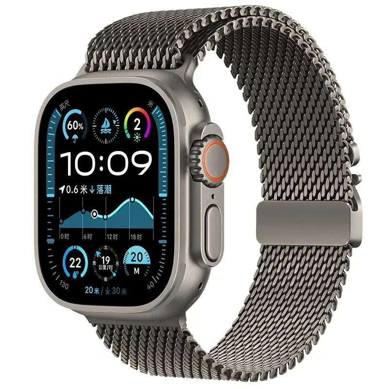 Milanese Mesh Apple Watch Band with Parachute Clasp in Titanium Tone