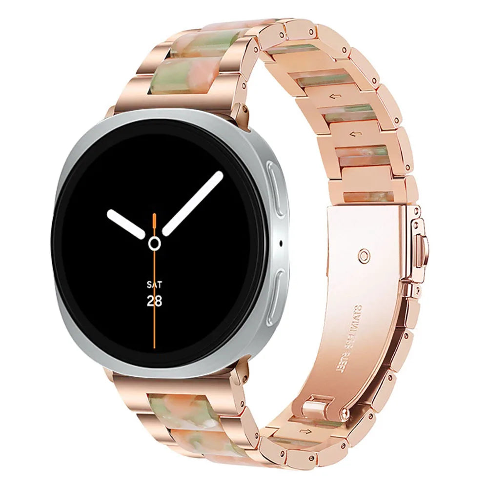 Samsung Galaxy Watch Band Metal Resin Bracelet Watch8/Watch8 Classic/Watch9 Ultra/Ultra2 with rose green accents.