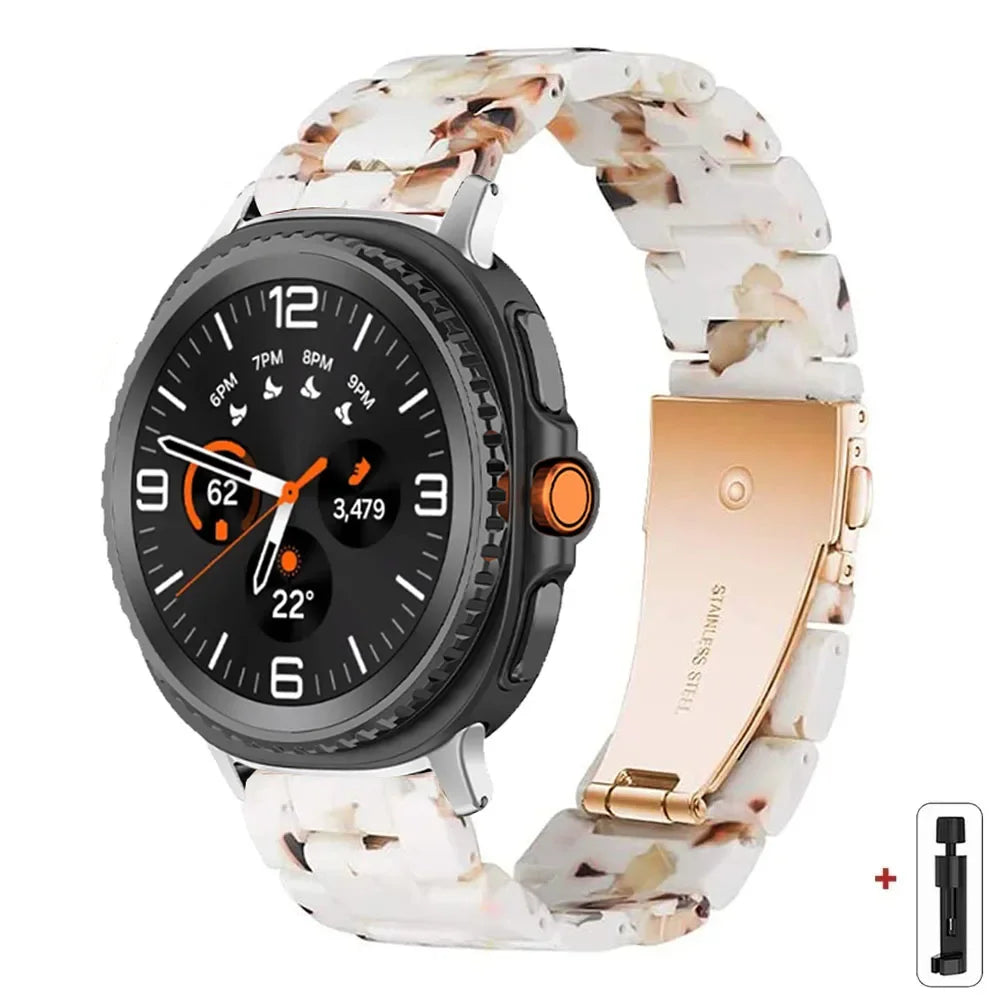 Samsung Galaxy Resin Link Watch Band - Tortoise Women Watch8/Watch8 Classic/Watch9 Ultra/Ultra2 on a smartwatch with gold clasp.
