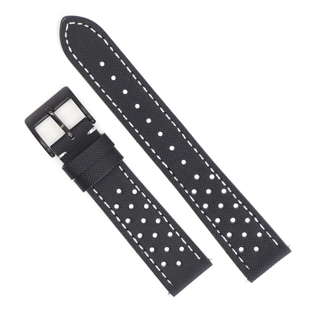 Garmin 18/20/22mm Quick Release Perforated Sailcloth Rally Band in Black with White Stitching and Black Buckle