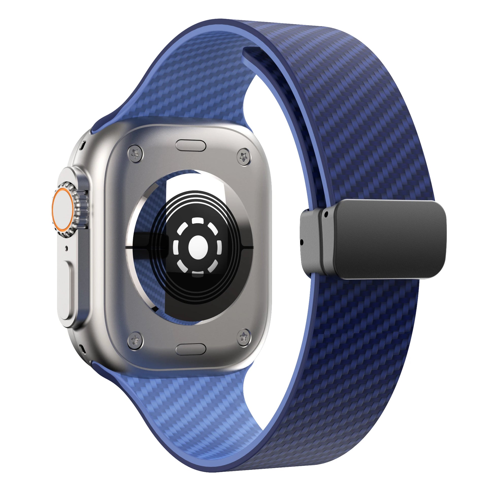 Apple Watch with a blue silicone strap and magnetic buckle, showcasing a durable design for comfort and security.
