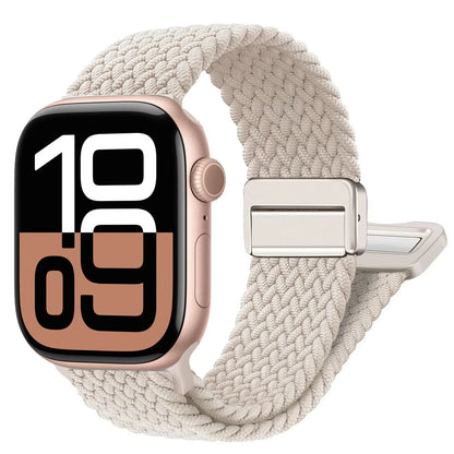 Apple Watch with braided nylon band, showcasing its comfortable and versatile design, perfect for all-day wear.
