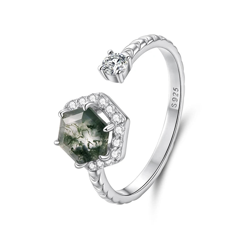 Moss Agate Hexagon Ring, 925 Sterling Silver - view 1