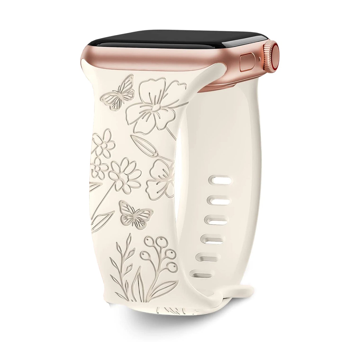 Apple Watch silicone strap featuring floral engraving, soft and waterproof for comfort and style.