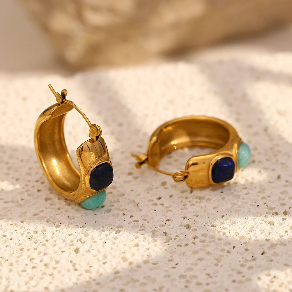Lapis lazuli and turquoise hoop earrings, gold-tone stainless steel