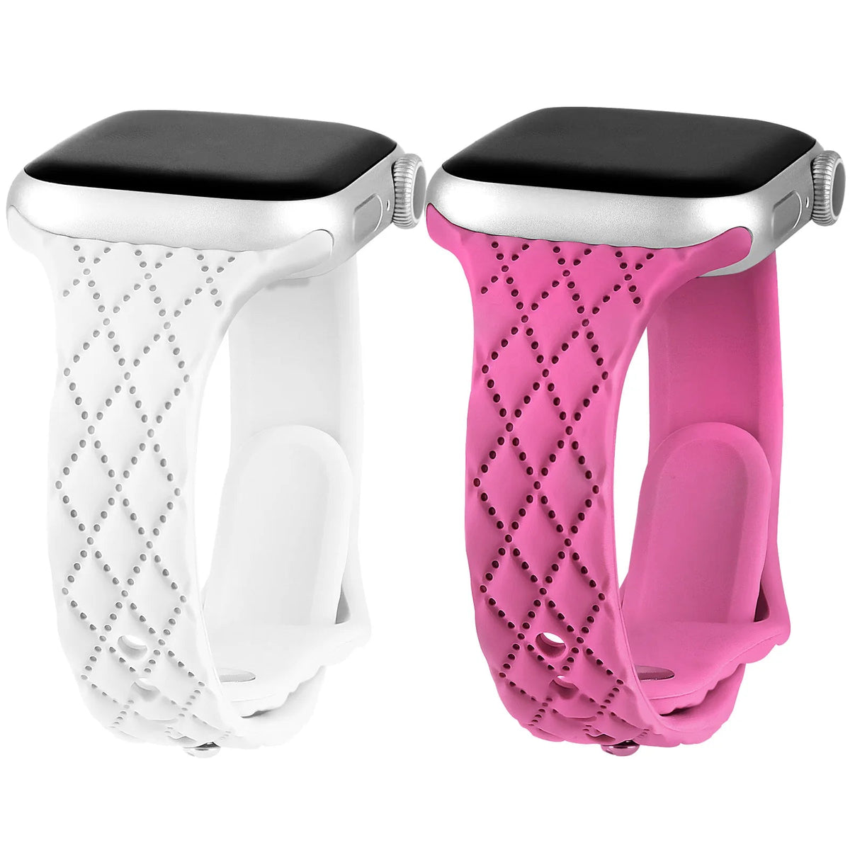 White and pink slim diamond-pattern bands shown together for Apple Watch
