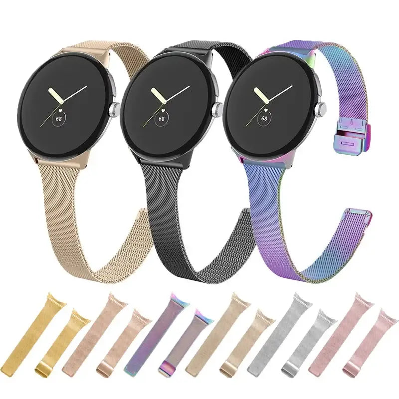 Champagne, black and rainbow mesh Pixel Watch bands with finish previews