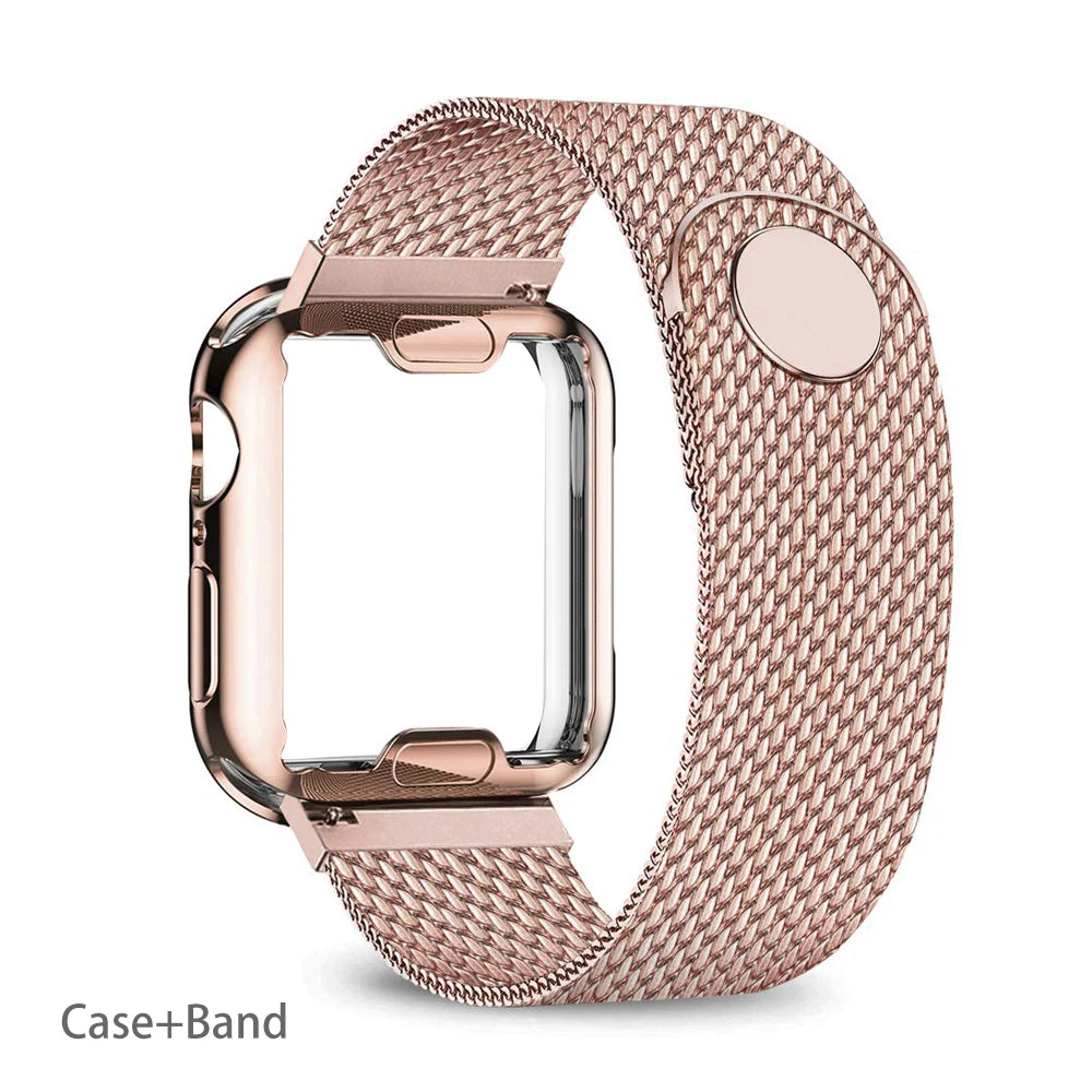 Apple Watch Stainless Steel Strap in rose gold with Premium Milanese design for elegant comfort and adjustable fit.