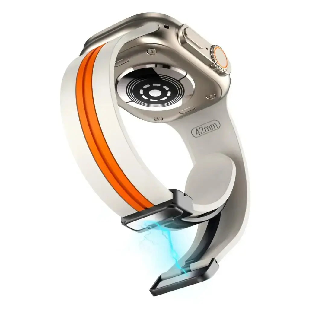 Illustration of magnetic clasp on ivory and orange striped band