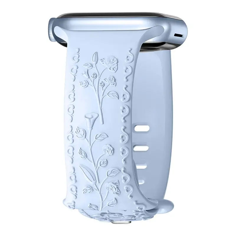 Light Blue botanical engraved silicone Apple Watch band