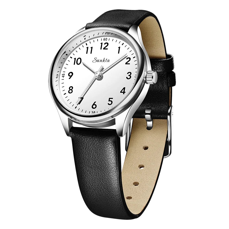 Women's Arabic Numeral Quartz Watch — Black Strap / Silver Tone / White Dial — BandsCo Straps