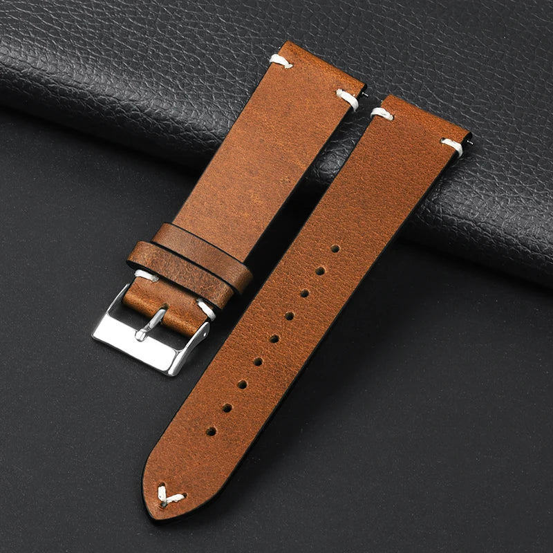 OnePlus Smartwatch Leather Band Quick Release Retro Oil Wax Wristband in brown leather with silver buckle