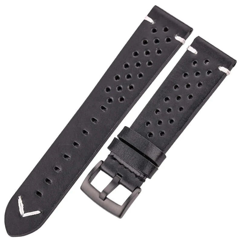 TicWatch Perforated Leather Band with V Stitch - Black / Black Buckle