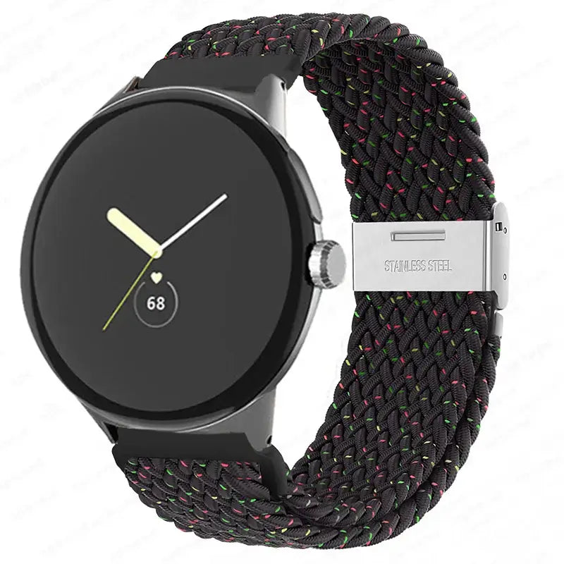 Braided Nylon Google Pixel Watch Band with Metal Clasp in Black Speckle