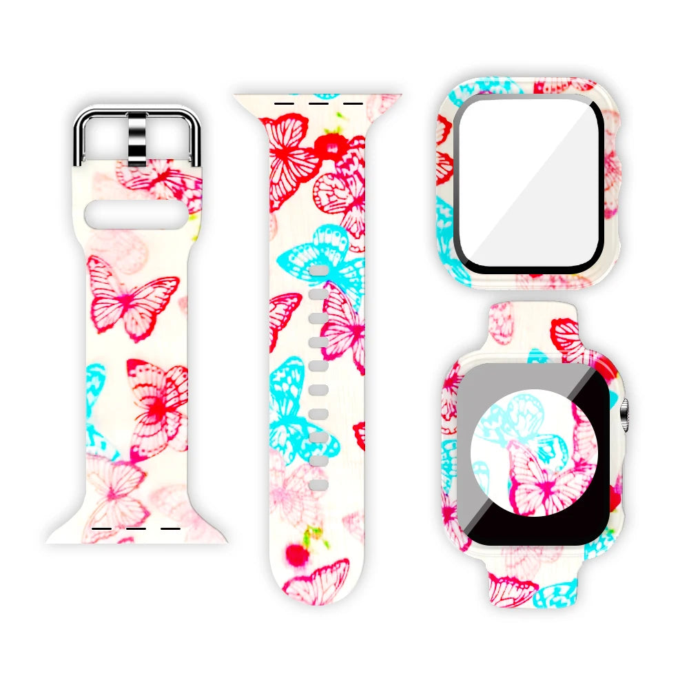 Apple Watch silicone strap with unique butterfly print designs in vibrant colors for stylish comfort.