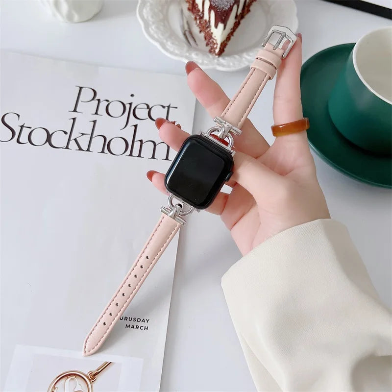 Apple Watch Genuine Leather Strap in pink showcased on a hand, enhancing style and comfort for smartwatch users.
