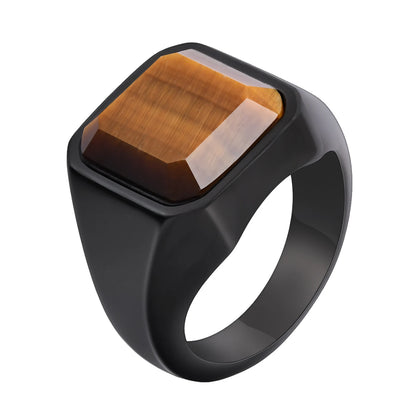 Square tiger's eye ring, style B, black stainless steel