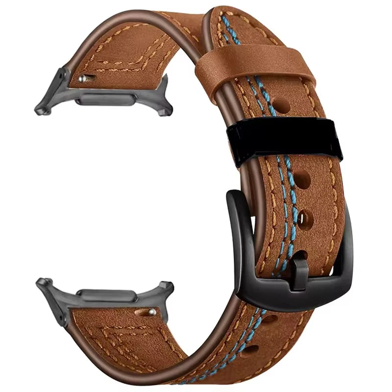 Samsung Galaxy Leather Watch Band No Gap Replacement For Ultra/Ultra2 in brown with contrasting stitching.