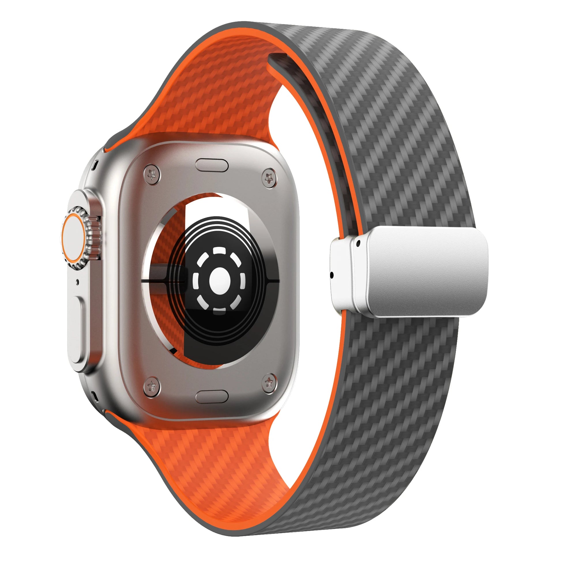 Apple Watch Silicone Strap in grey and orange with magnetic buckle, showcasing durable design and secure fit.