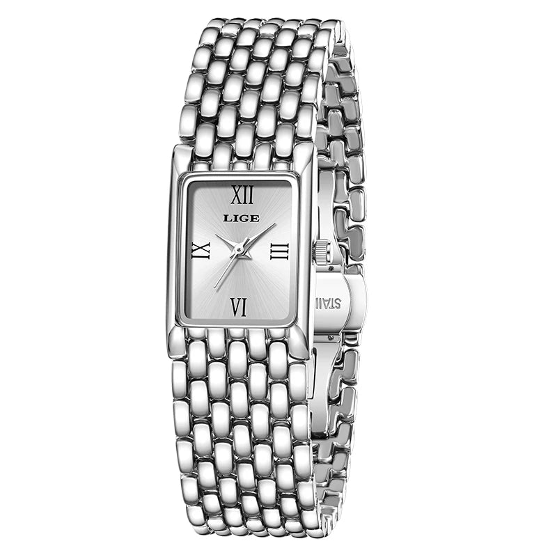 Women's Rectangular Roman Dial Bracelet Watch — Silver Tone / Silver Dial — BandsCo Straps