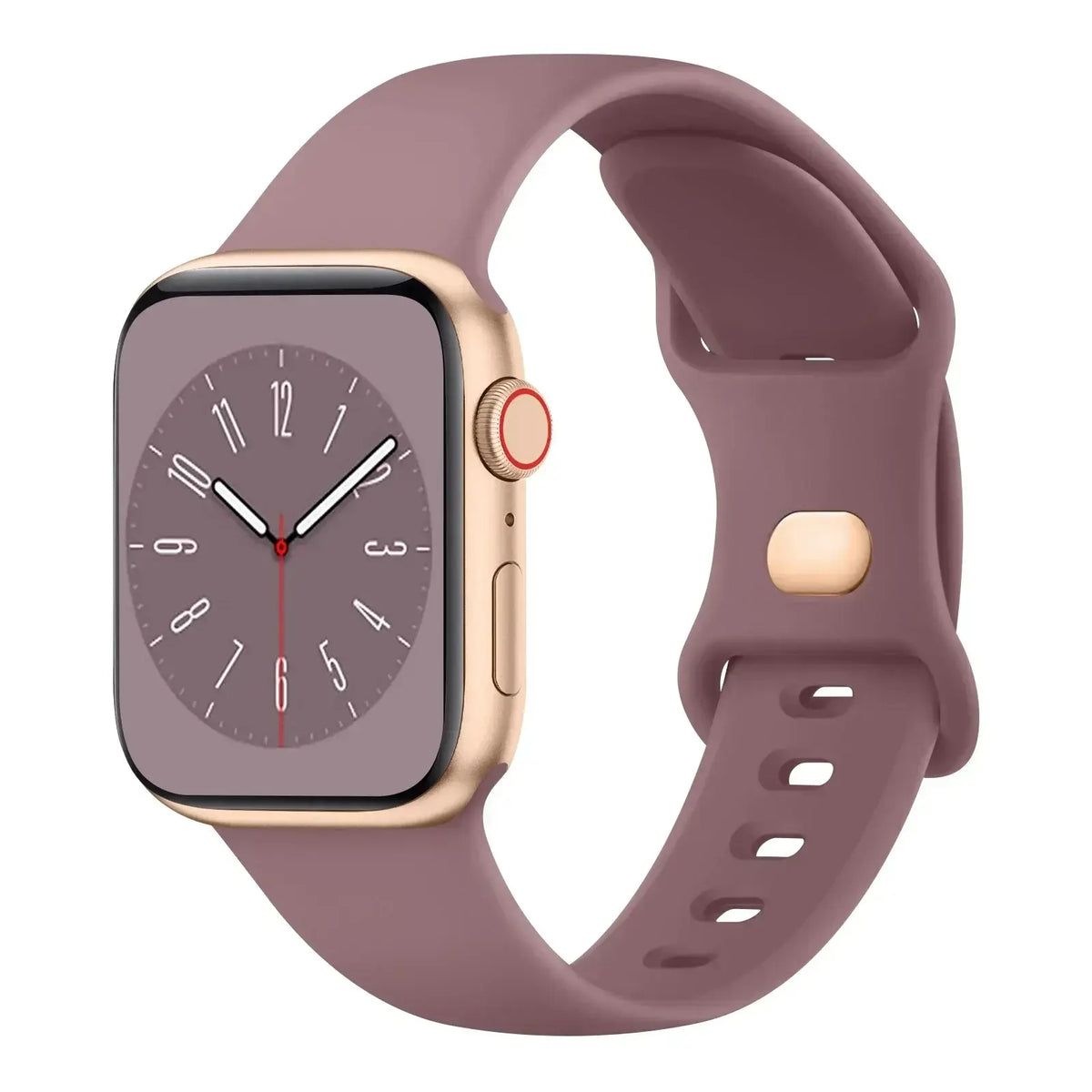 Mauve slim silicone Apple Watch band with pin-and-tuck fastening