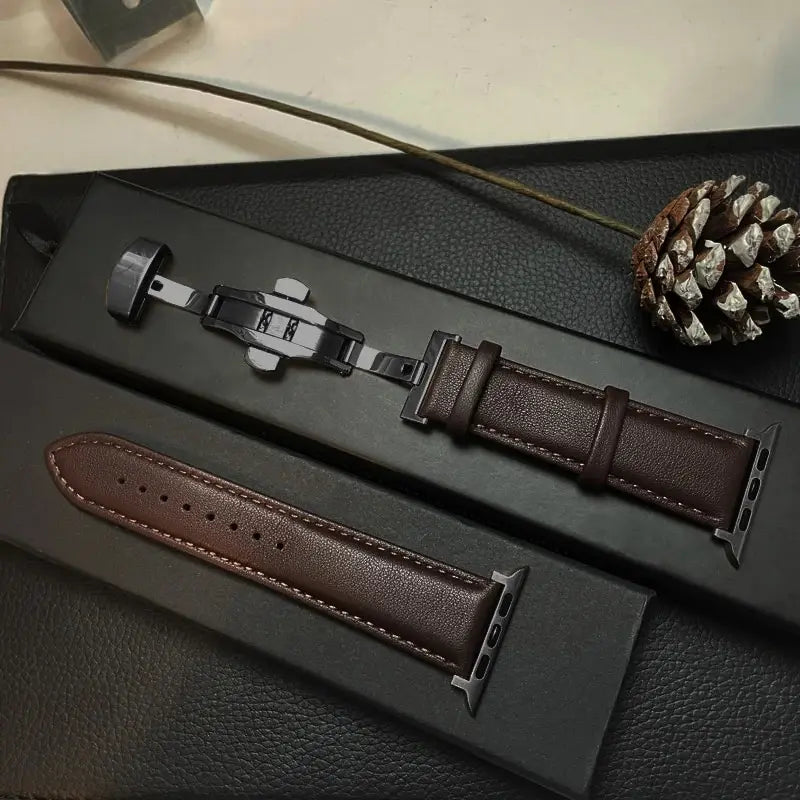 Leather Apple Watch Band with Folding Clasp in Black / Dark Brown