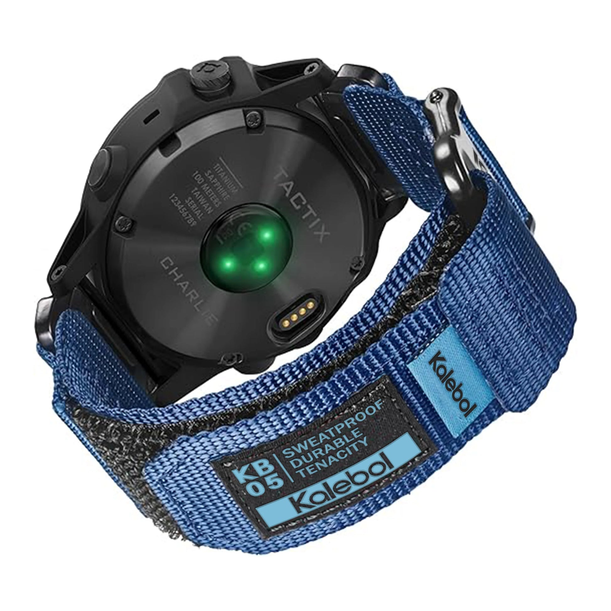 Garmin smartwatch with a blue nylon loop strap, featuring a sweatproof and durable design for active lifestyles.