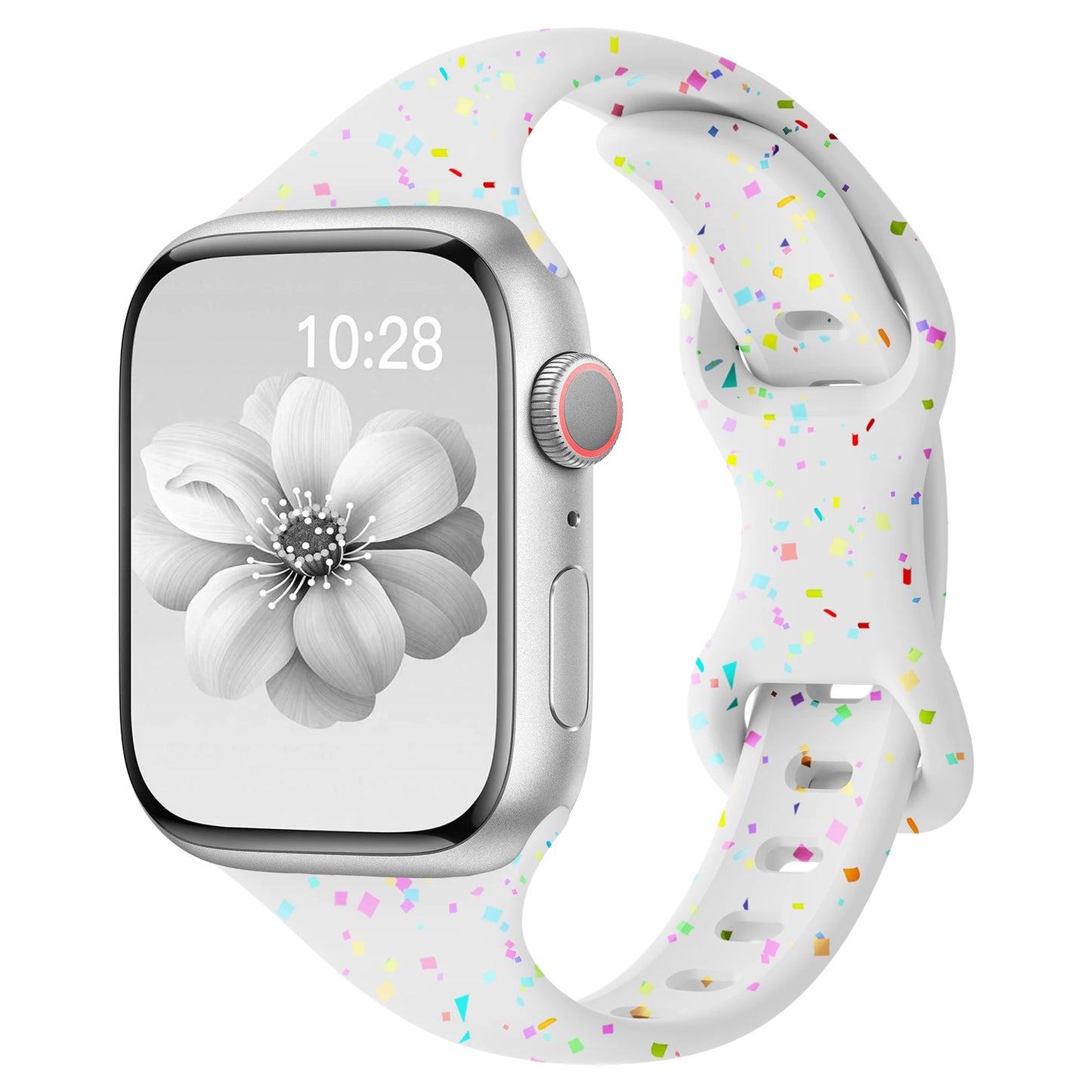 Apple Watch Silicone Band in colorful confetti design, showcasing soft and flexible comfort for everyday wear.