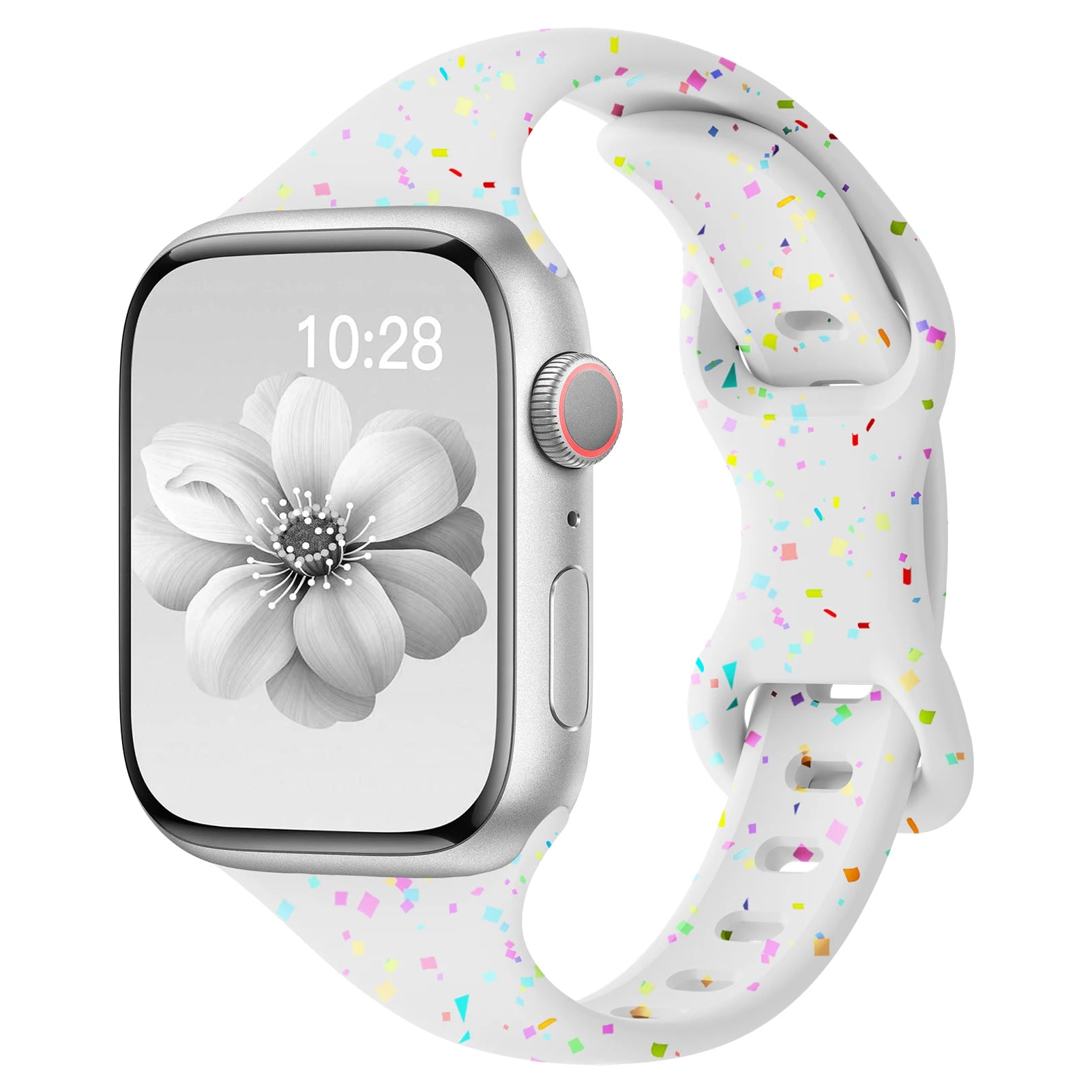 Apple Watch Silicone Band in colorful confetti design, showcasing soft and flexible comfort for everyday wear.