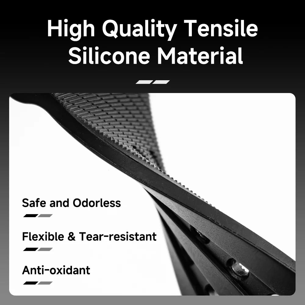 Close-up of Apple Watch silicone strap material showcasing flexibility, durability, and high tensile strength features.