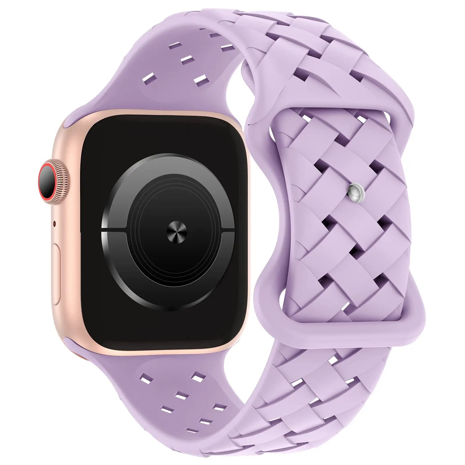 Apple Watch with purple braided silicone strap, sporty design for comfort and breathability.