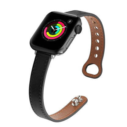 Thin leather Apple Watch band featuring precision design and elegance, perfect for style-conscious users.
