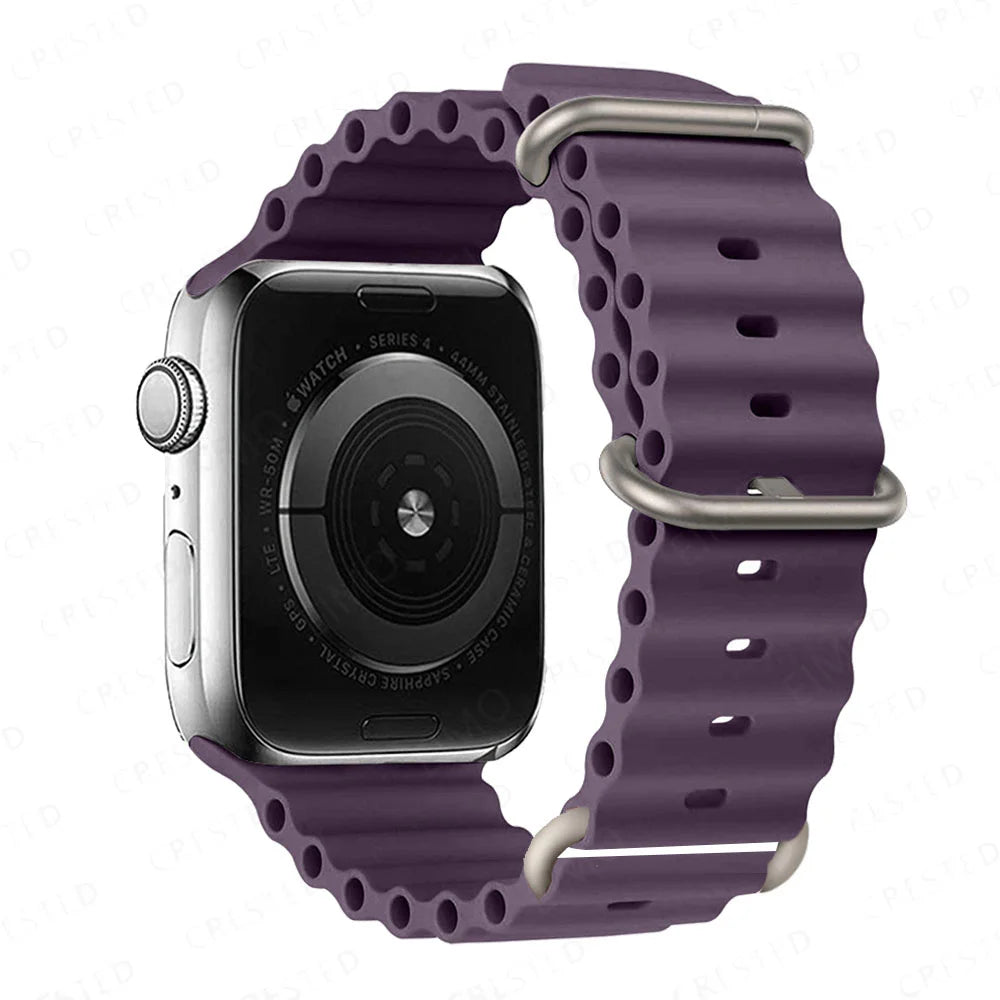 Apple Watch with a waterproof and breathable purple silicone strap, ideal for active lifestyles and workouts.
