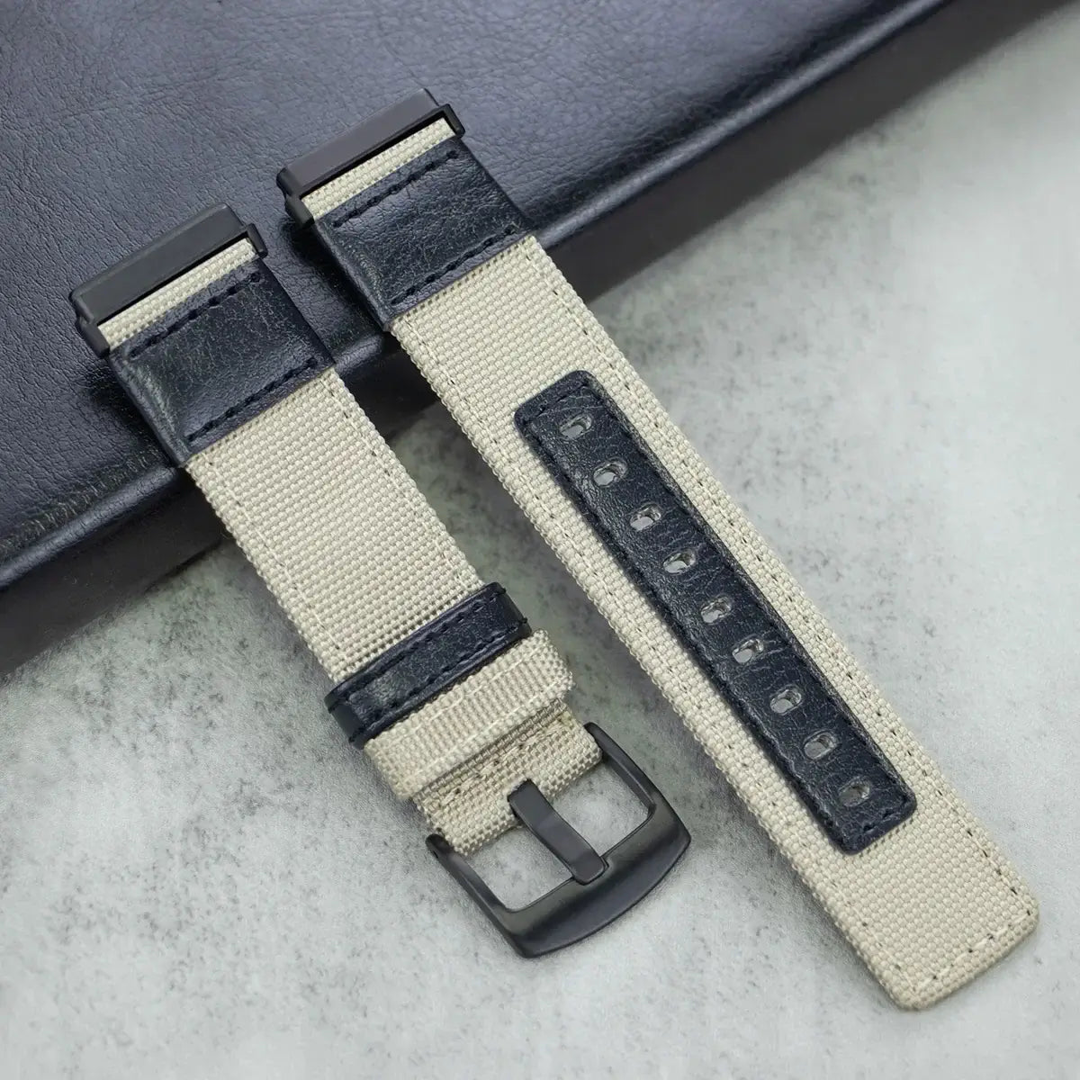 Fitbit Versa & Sense Nylon Band with Leather Details - Khaki