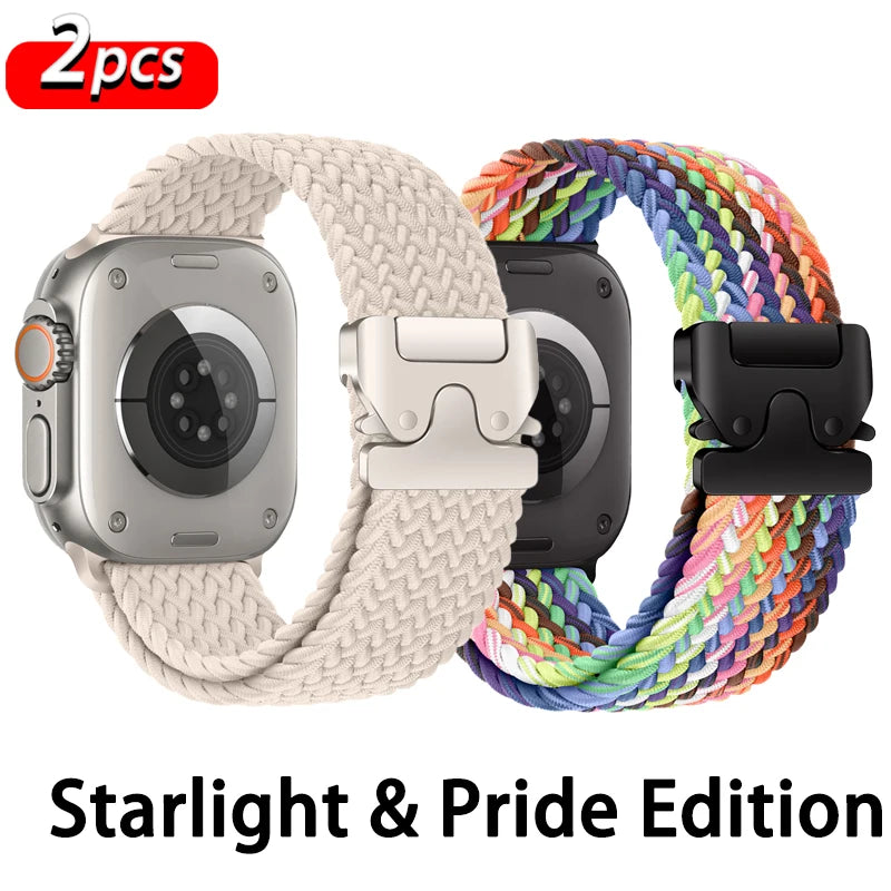 Apple Watch straps in Starlight and Pride Edition, featuring breathable braided nylon for comfort and style.