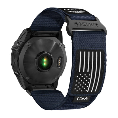 Garmin smartwatch with Tactical Trail Loop Nylon Strap featuring USA flag and metal clasp, ideal for active lifestyles.