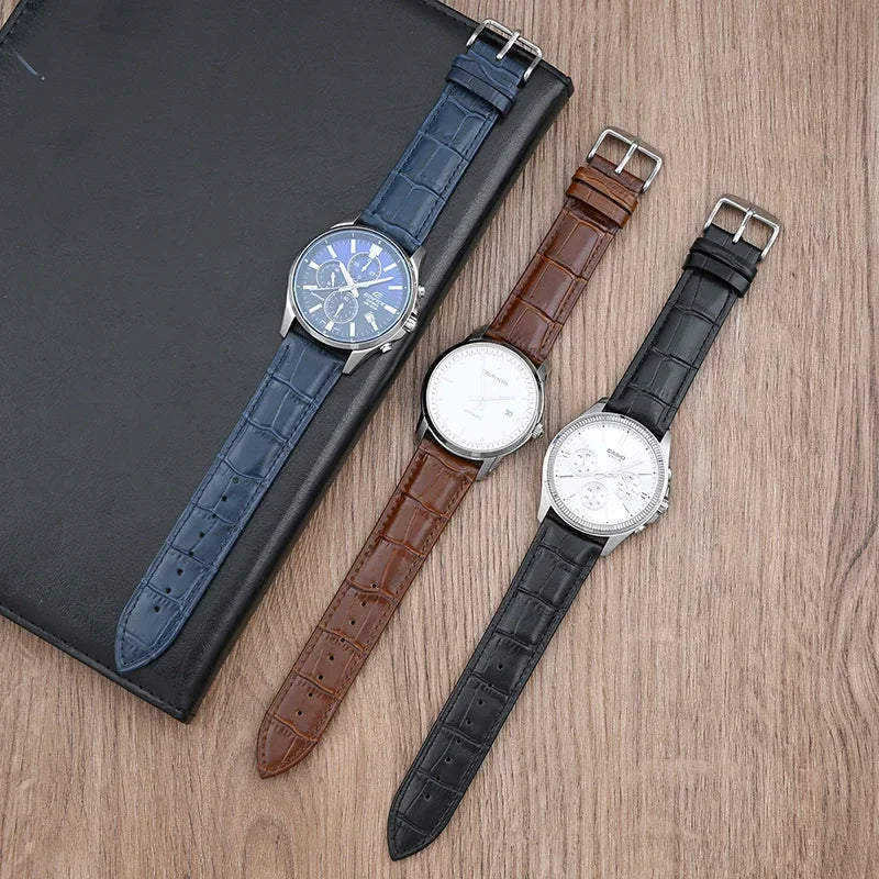 Croc-Embossed Leather Band in navy blue and black on watches