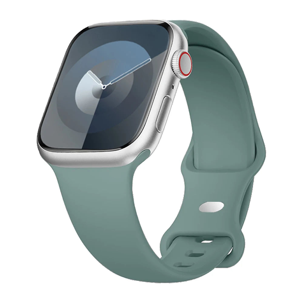 Apple Watch with soft flexible turquoise silicone strap, showcasing a sleek and waterproof design.