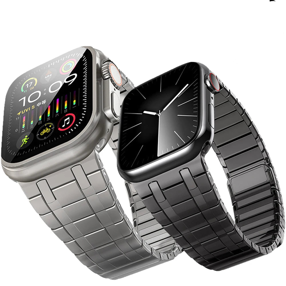 Apple Watch Magnetic Stainless Steel Bands in silver and black titanium colors, showcasing style and durability.