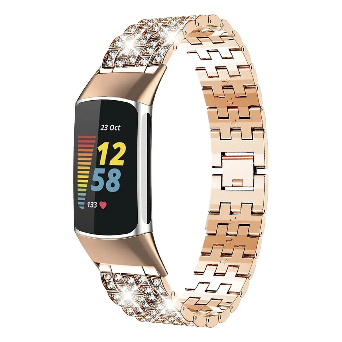 Fitbit Charge Crystal-Accent Metal Link Band rose gold crystal-accent band shown on a tracker