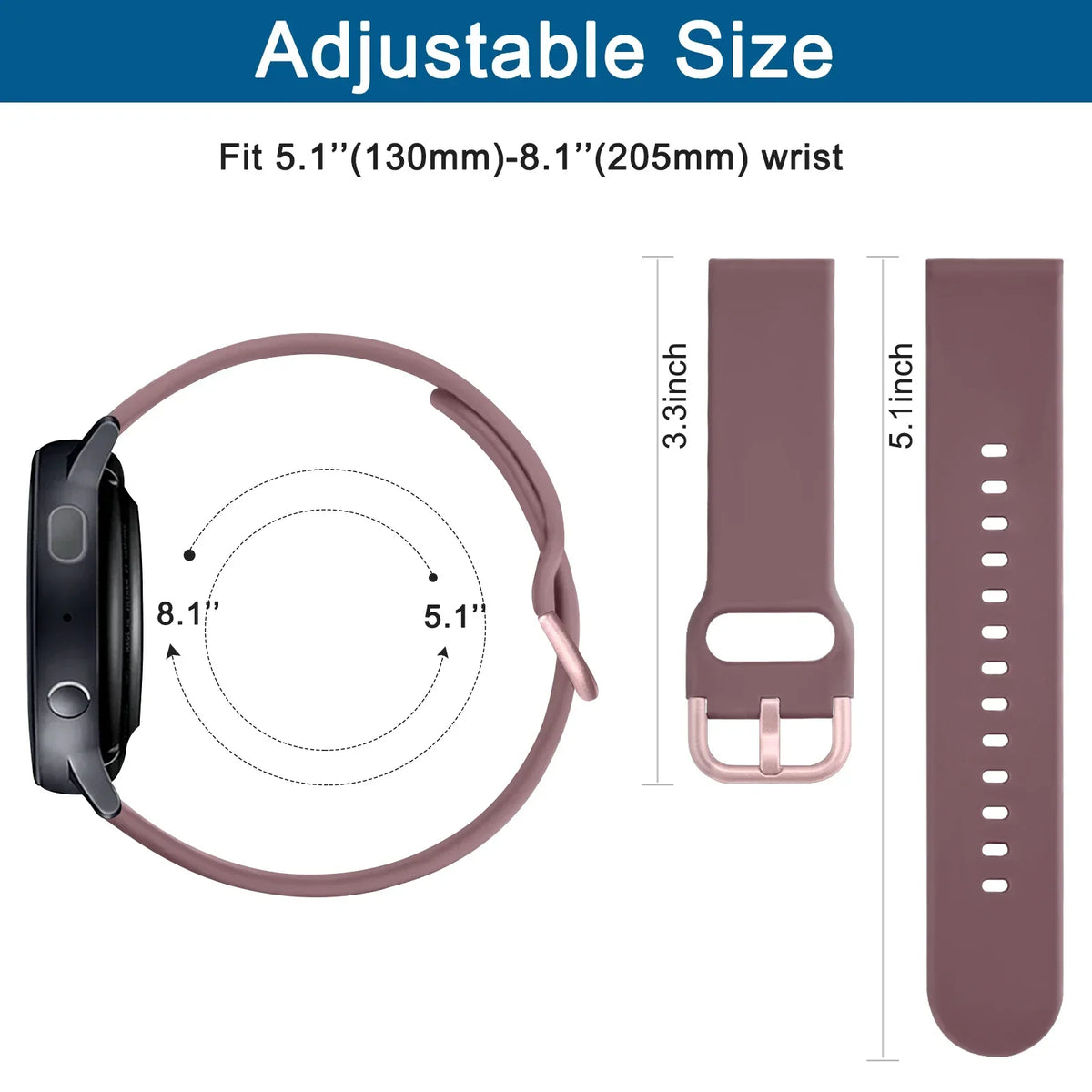 Motorola Moto Silicone Watch Band with Matching Buckle — Strap dimensions and wrist-fit diagram