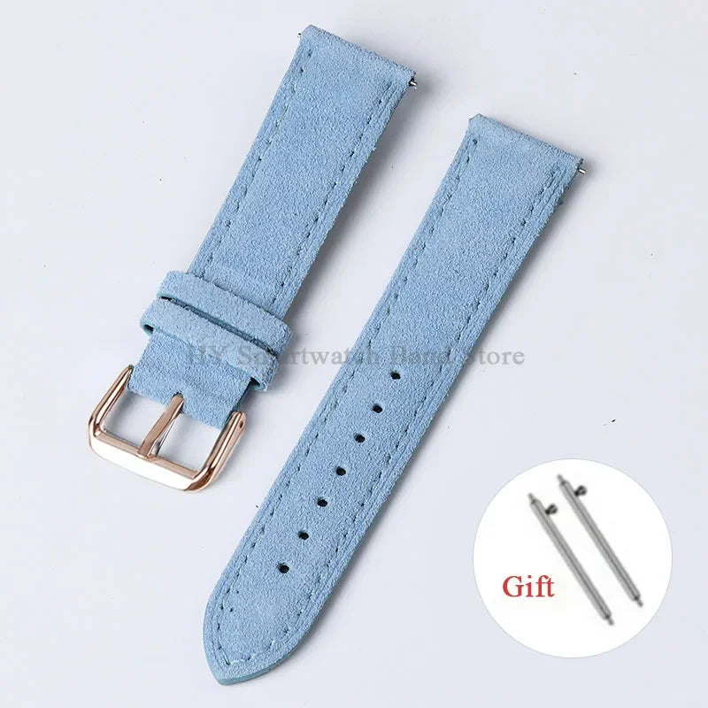 OnePlus Smartwatch Vintage Suede Leather Band Quick Release Strap in light blue color with shiny buckle.