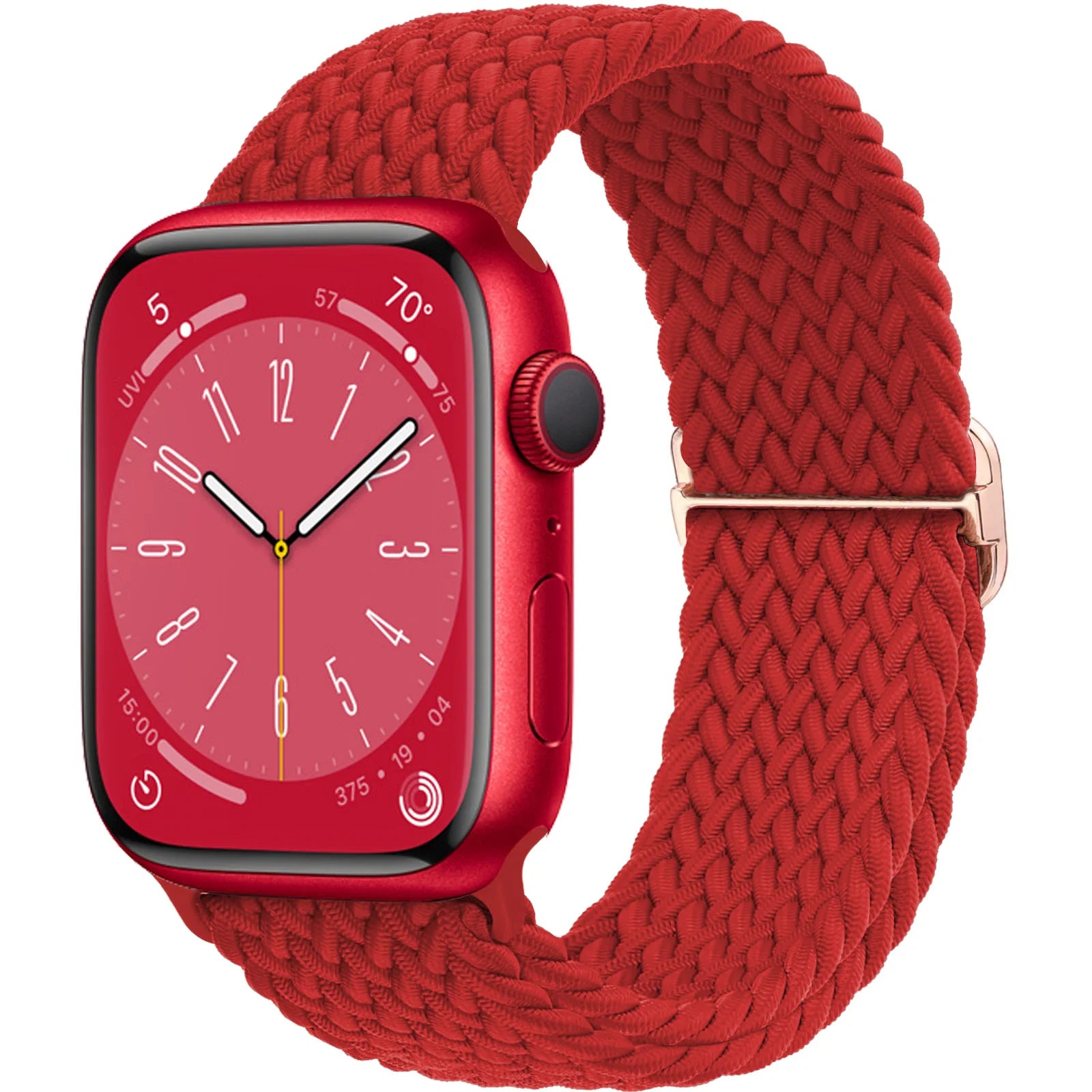 Apple Watch with red braided nylon strap showcasing a stylish and comfortable design for daily wear.