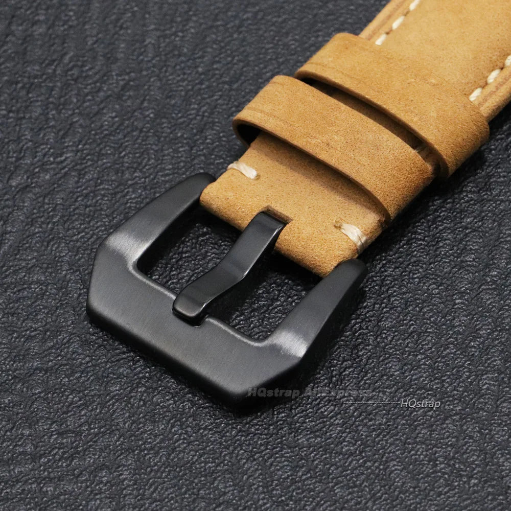 Garmin QuickFit Vintage Leather Band tan leather and black buckle close-up