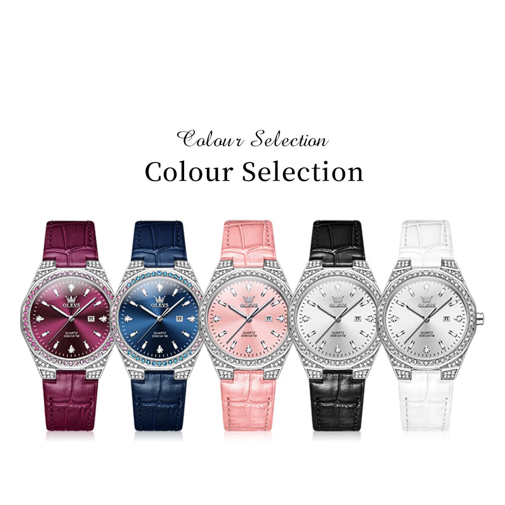 Women's Crystal Bezel Leather Date Watch — Five leather strap colors — BandsCo Straps