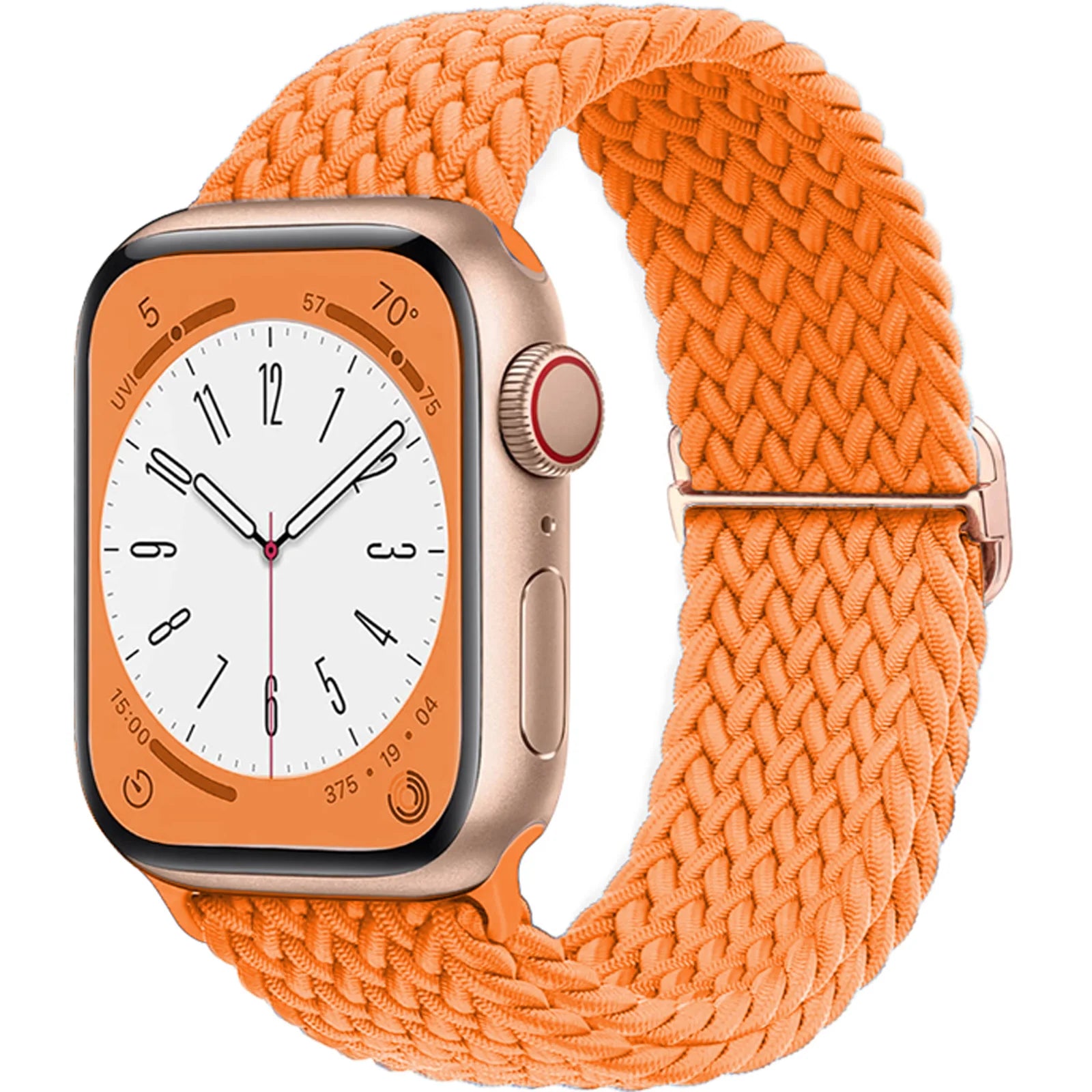 Apple Watch with orange braided strap, featuring a soft elastic nylon band for ultimate comfort and style.