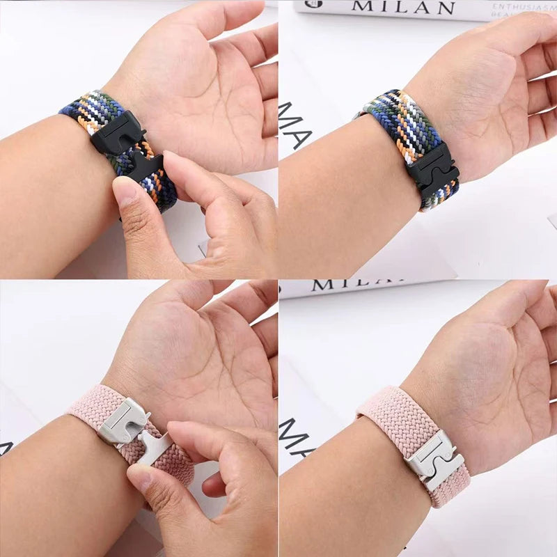 Garmin braided nylon strap in colorful designs shown on wrists, ideal replacement band for smartwatches.