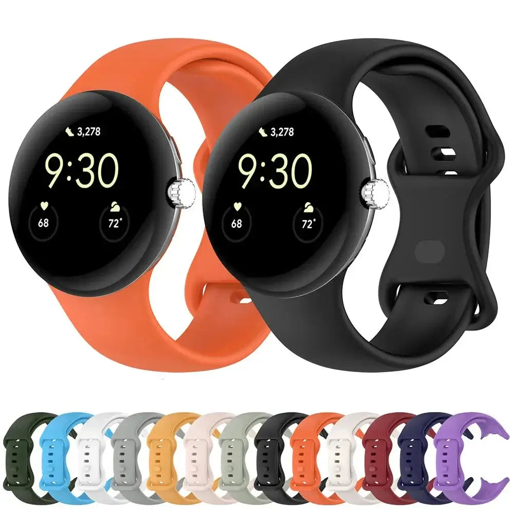 Orange and black silicone Google Pixel Watch bands with color previews
