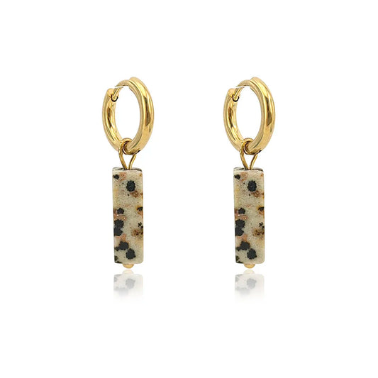 Leopard jasper bar hoop earrings, gold tone stainless steel